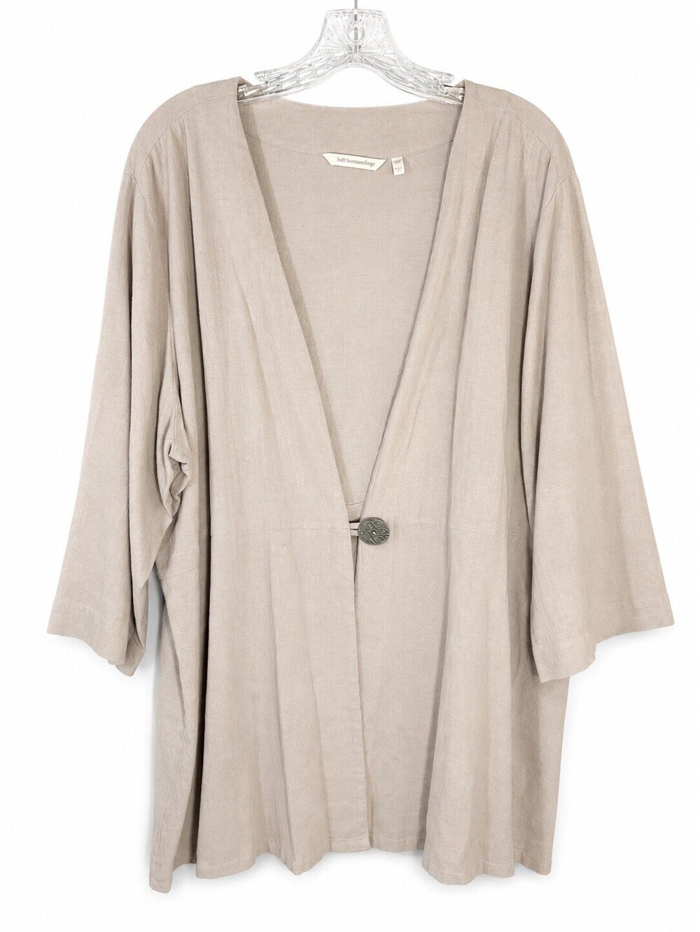 Soft Surroundings 2X Beige 100% Cotton Open Front Cardigan Button Boho Duster